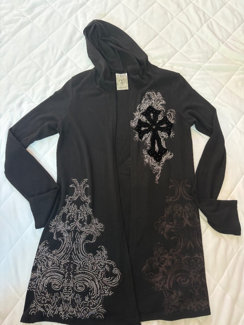 Vocal Rhinestone Cross Longline Hooded Cardigan Gothic Western